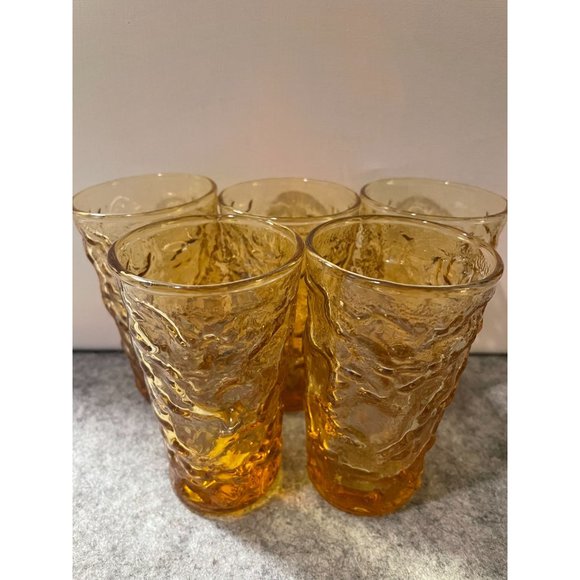 5 Vintage Anchor Hocking Lido Milano Amber Gold 12 oz. Tumblers #1286 - Picture 2 of 3